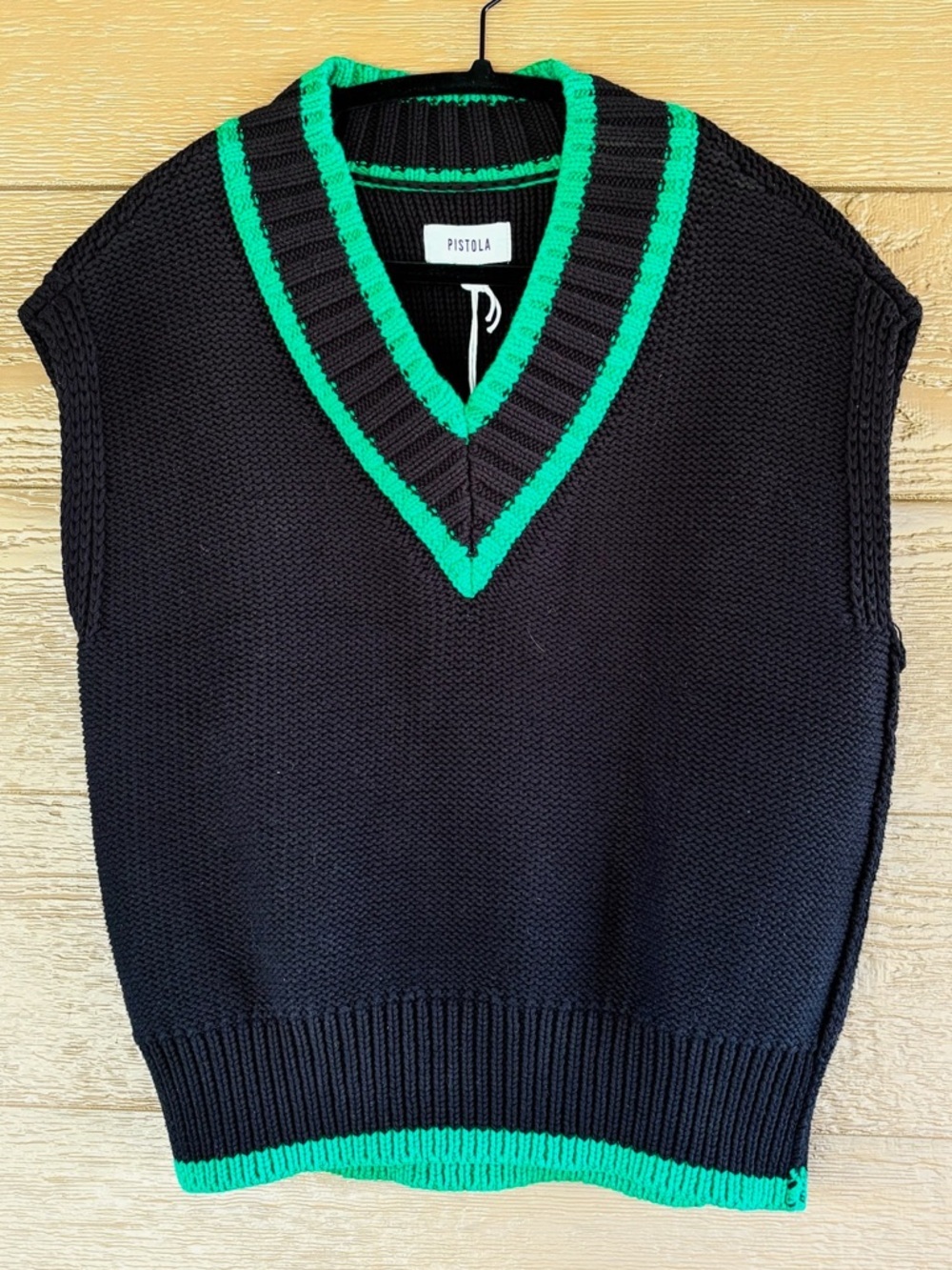 pistola NWT Black Cotton Knit V‑Neck Sweater Vest with Green Trim -Sz S